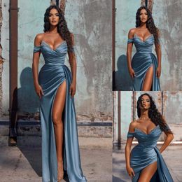 Stunning Mermaid Prom Dresses Off The Shoulder Neckline Beaded Evening Gowns Side Split Sweep Train Satin Pleated Formal Dress