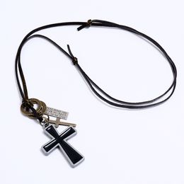 Letter ID Enamel Jesus Cross Necklace Adjustable Leather Chain Pendant Necklaces for Women Men Punk Fashion Jewelry Gift