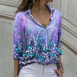 Women's Blouses & Shirts Women's Floral Printed Long Sleeve Lapel Button Down Gradient Blouse Summer Casual Fitted Tunic T ShirtWomen's