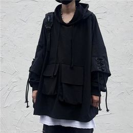 HOUZHOU Techwear Black Hooded Sweatshirts Men's Hoodies Goth Darkwear Gothic Clothes Punk Clothing Japanese Streetwear Hip Hop 220406