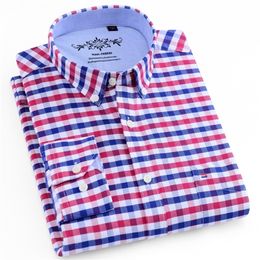 Men's Fashion Long Sleeve Multicoloured Chequered Oxford Shirt Single Chest Pocket Standard-fit Button-down Striped Casual Shirts 220401