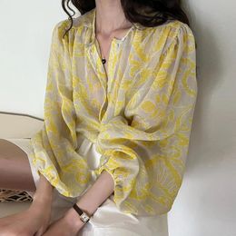 Women's Blouses & Shirts Clothland Women Chic Transparent Print Shirt Long Sleeve Loose Style Oversized Summer Casual Tops Blusa LA546Women'