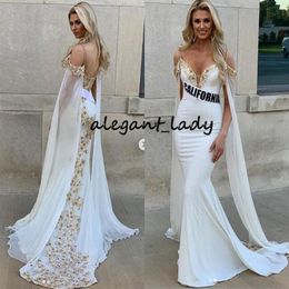 pageant dresses capes Australia - Off Shoulder Mermaid Prom Pageant Dresses with Long Cape 2020 Miss USA Collegiate Gold Lace Beaded Trumpet Occasion Evening Gowns222J