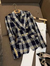 F054 Feature Crop Blazer golden lion High Profile Suit QUALITY Designer Jacket Women's Buttons Double Breasted Plaid Wool Tweed Blazer