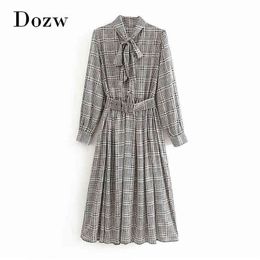 Women Fashion Houndstooth Plaid Long Dress With Belt Elegant Bow Tie Collar A Line Dresses Long Sleeve Vintage Party Dress 210414