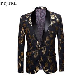 PYJTRL Stylish Gold Tulips Pattern Casual Blazer Men Suit Jacket British Gentleman Wedding Grooms Slim Fit Fashion Coat Outfit 220527