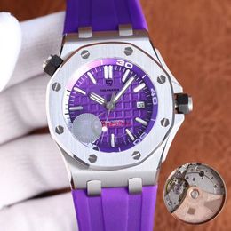 Fashion WATCHES Top Quality Watches men Wristwatches purple Dial 42mm 15710 15703 Natural rubber strap Sapphire CAL.3120 Mechanical Automatic Mens Watch