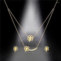 Necklace Earrings Set & Jewellery Wholesale Titanium Steel Double-layer Four-leaf Clover Stainless Pendant Earring SetEarrings