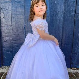 Lavender A-line Flower Girl Dresses For Wedding Party Gowns Floor-Length Bow Knot Jewel Neck Lace Beads Appliques First Communion Dress Kids Prom Birthday Gowns