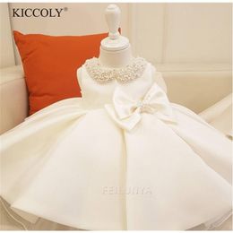 Infant Girl Clothes Beads Bow Tulle born Baptism Dress Baby Girls Party Princess Christening Dresses 1 Year Birthday Outfits LJ201221