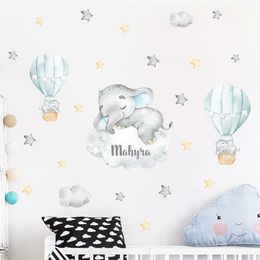 Cartoon Bear Air Balloon Clouds Gray Blue Custom Name Wall Stickers Watercolor Nursery Vinyl Wall Decals for Kids Room Decor 220613