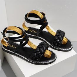 New Leather Braided Women Sandals Classic Rhinestone Ankle High Boots Casual Flat Designer Female Shoes Ladies Beach Roman Shoe