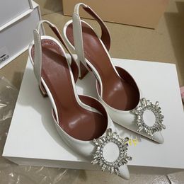 Amina Muaddi Womens Sandals Leather Sole Designer High Heels Diamond Chain Decoration Banquet Women Shoes Silk Wedding Sexy Pumps