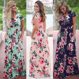 -2019 impressão floral boho praia vestido mulheres vestido maxi vestido de verão de verão de manga curta mulher vestido casual vesti252s