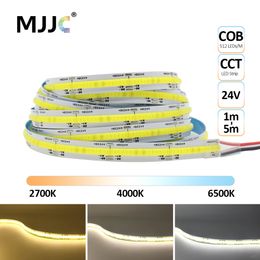 FCOB CCT LED Light Strip 512 LEDs High Density Flexible FOB COB 10mm LED Tape RA90 Warm Cool White Linear Dimmable DC24V 1M 5M