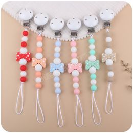 Newborn baby Pacifier Clips cartoon bowknot Silicone beads Pacifiers Holders Teethers Safe Infant Teether Wood Clip