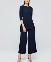 Women's Two Piece Pants Miyake Fold Solid Three Quarter O-neck Irregular T-shirt Wide Leg Pant Set IN STOCKWomen's Women'sWomen's