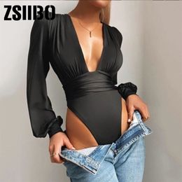 sexy bodysuit Long sleeve bodycon body suit summer fashion streetwear outfits drop para Folds top women solid color 220801