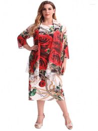 Women's Plus Size Tracksuits Dress Sets Women Clothes Mid Calf Length Robes Fashion Floral Print Streetwear Elegant Oversize Party DressesWo