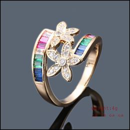 Band Rings Jewellery Cute Rainbow Zircon Stone Ring Sier Yellow Gold Colour Flower Love For Women Lady Romantic Promise Wedding Party Drop Deli