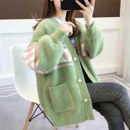 Women's Knits & Tees Green Europe Block Cardigan Long Sleeve Sweater Loose Over Coat Casual Outwear Cloth Girl Jacket V-neck Tops Clothes Fo