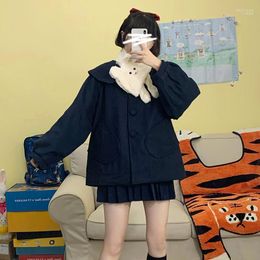 Women's Wool & Blends Bebobsons Sweet Thickened Warm Winter Jacket Casual Loose Harajuku Navy Blue Woollen Coat 3D Ears Outerwear Phyl22