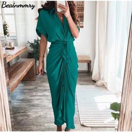 Women Summer Elegant Button Ruched Bandage Shirt Dress Fashion Casual Short Sleeve Solid V Neck Beach Maxi 220402