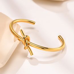 To Tie the Knot Stainless Steel Knotted Simple Open Cuff Bangle Bracelet Gold For Women Mens Gifts