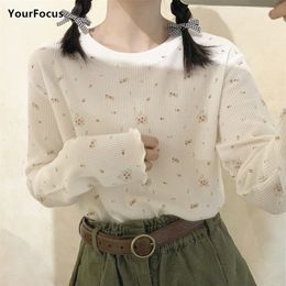 Harajuku Kawaii Cute Retro Long Sleeve T-shirts Chic Floral Printing Lace Tops Waffle Fabric Vintage White Top Femme 220408