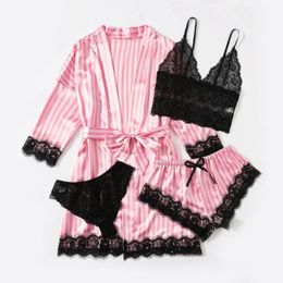 Women's Tracksuits Woman Sleepwear 4pcs Floral Lace Trim Satin Pajamas Set With Robe Sexy Faux Silk Pijamas Sets Casual Home Clothes Nightwe