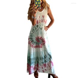 Casual Dresses Women O Neck Sleeveless Swirl Print Large Hem Beach Loose Long Dress DressCasual