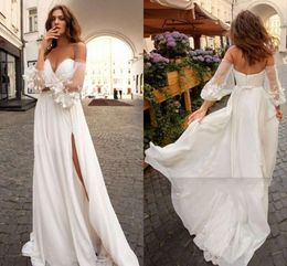 Sexy Summer Wedding Dresses 2022 Lace Chiffon Bride Dress Puff Sleeve Split Side Bow Beach Wedding Gowns Vestido De Novia Mariage