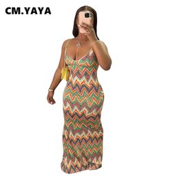 CM.YAYA Women Long Dress Print Sleeveless Strap V-neck Stretchy Bodycon Maxi Dresses Sexy Fashion Party Vestidos Summer Outfits 220516