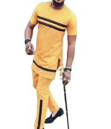 Men's Tracksuits O-neck Men Yolk Yellow Shirts Patchwork And Solid Trousers Custom Made African Fashion Men's Groom Suits Wedding Party