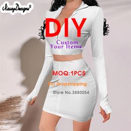 Noisydesigns Custom Women Sets Ladies Zipper Tight Fitting Long Sleeve Short Skirt Suit Female Elasticity Plus Size 4XL Dropship 220616