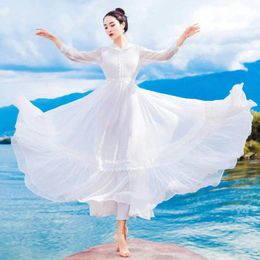 Stage Wear Elegant Flamenco Dance Costumes Solid Color Long Sleeve Lace Lacing Loose Chiffon Thin Maxi Hijab Dresses Modest Ladies Dress