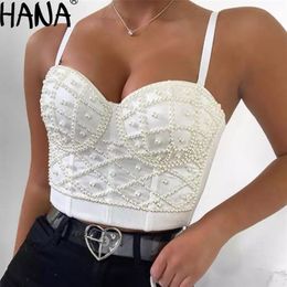 Summer Clothes For Women Sexy Gothic Pearl Beading Camisole Fashion Solid High Waist Crop Top Night Club Party Corset 220331