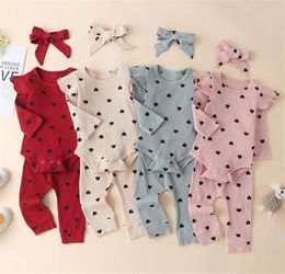 Clothing Sets Blotona Born Baby Ribbed Suit Girl Boy Heart Print Crew Neck Long Sleeve Romper Top Pants Hairband 3Pcs Outfits 0-24MClothing