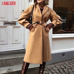 Tangada winter women khaki woolen coat warm thick with slash elegant puff long sleeve coat female overcoat SP19 201221