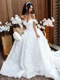 2022 3D Floral Applique Wedding Dresses Bridal Gown Off the Shoulder Sleeveless Tulle Sweep Train Custom Made Plus Size Beach Boho Vestidos de novia