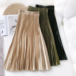 Skirts Black Satin Midi Skirt 2022 Summer Women Fashion Elastic High Waist Metallic Pleated Lady Vintage Loose A Line Long