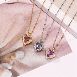 Zircon Crystal Heart Of Ocean Pendant Stainless Steel Necklace For Women Korean Fashion Female Wedding Jewelry Neck Chain GC989