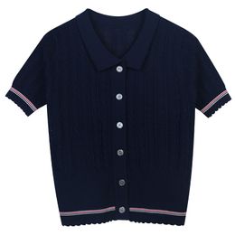 50 2022 Summer Kint Cardigan Short Sleeve Lapel Neck Brand Same Style Sweater White Blue Plaid Womens Clothes Mingmei