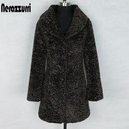 Nerazzurri winter faux fur coat women slim fit turndown collar long sleeve black teddy plus size jacket 5xl 6xl 201029