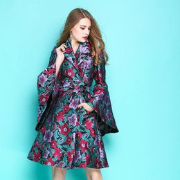 autumn jacquard coat Australia - Women's Trench Coats Women Flower Embroidery Jacquard Skirt Autumn Baroque Style Flare Sleeve Belted Ball Gown Type Long Coat Plus Size