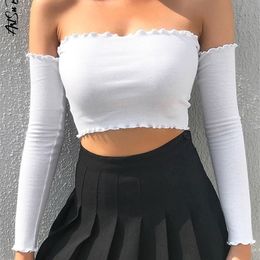 Long Sleeve Top Corset Women Off Shoulder T-Shirt Year White Crop Fall Winter Sexy Solid Tees Streetwear Y2K Clothes 220328