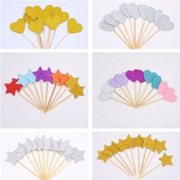 40pcs Cake Flag Golden Heart Star Cupcake Toppers Baby Shower Birthday Party Decorations Kids Wedding Decoration Y200618