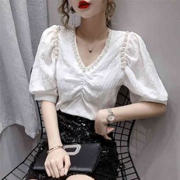 Summer Women's Puff Sleeve Shirt Short-sleeved Korean V-neck Wild Solid Color tops Woman GD551 210506