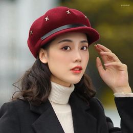 Berets Luxury 100% Wool Hat Womens Winter Visor Beret Cap With Studs Vintage Cabbie Hats PU Band Ladies Military Sboy CapsBerets