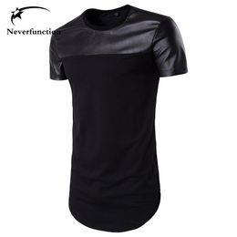 mens swag shirt UK - Men's T-Shirts Summer Men Curved Hem Casual T-Shirt PU Leather Stitching Street Swag Hip Hop Cotton Extended Tee Short Sleeves Tshirt